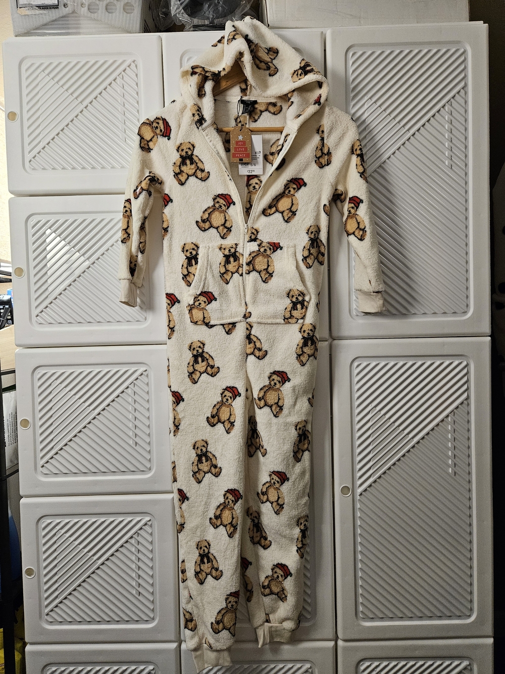 Forever 21 Cream Teddy Bear Print Kids One-Piece Hooded Jumpsuit